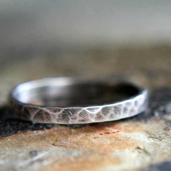 Sterling Silver Hammered Narrow Band, Hammered Stacking Ring, Metalwork Jewelr - Picture 2 of 6